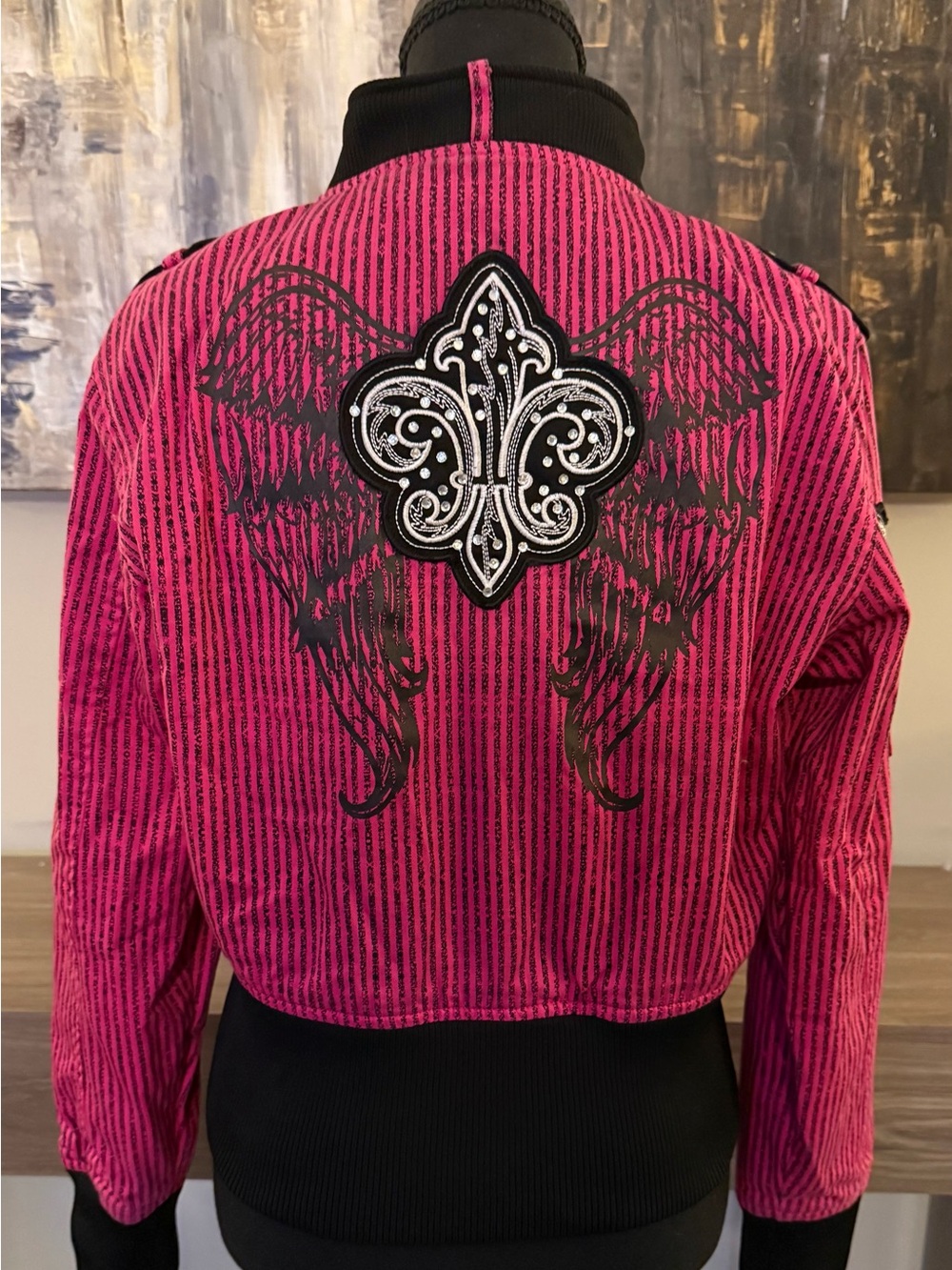 Vintage Raw Blue Pink Striped Bomber Jacket XL Y2K Fleur De Lis Wings Back Patch
